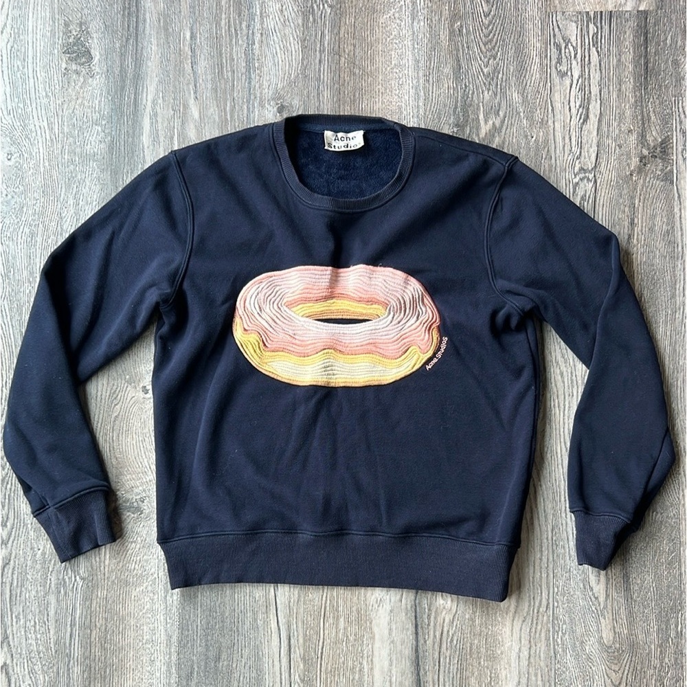 Acne Navy Sweatshirt with Pink & Yellow Ring Graphic
